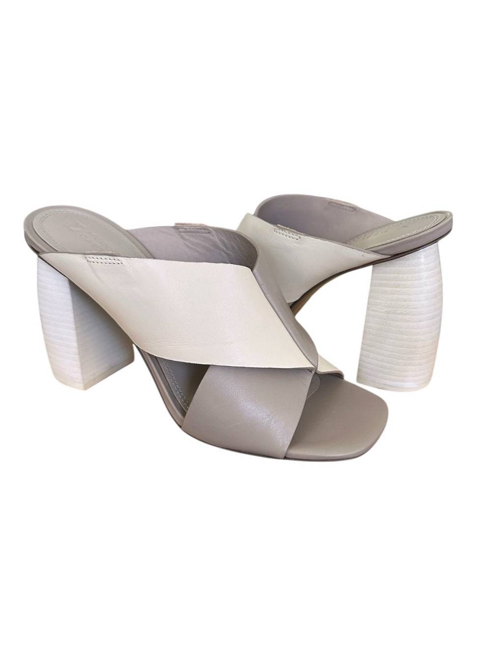 MERCEDES CASTILLO HAE-HG Leather Mule Heels – Cream Taupe Block Heel Sandals 7